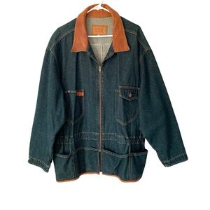 M. Julian B. Free Rugged Wear Denim Jean Zip Front Jacket Leather Trim Large